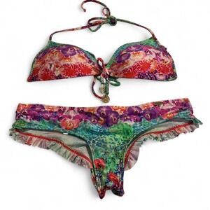 Luli Fama Bikini Set Tropical Floral Print Ruffle Halter Top Bottoms Set